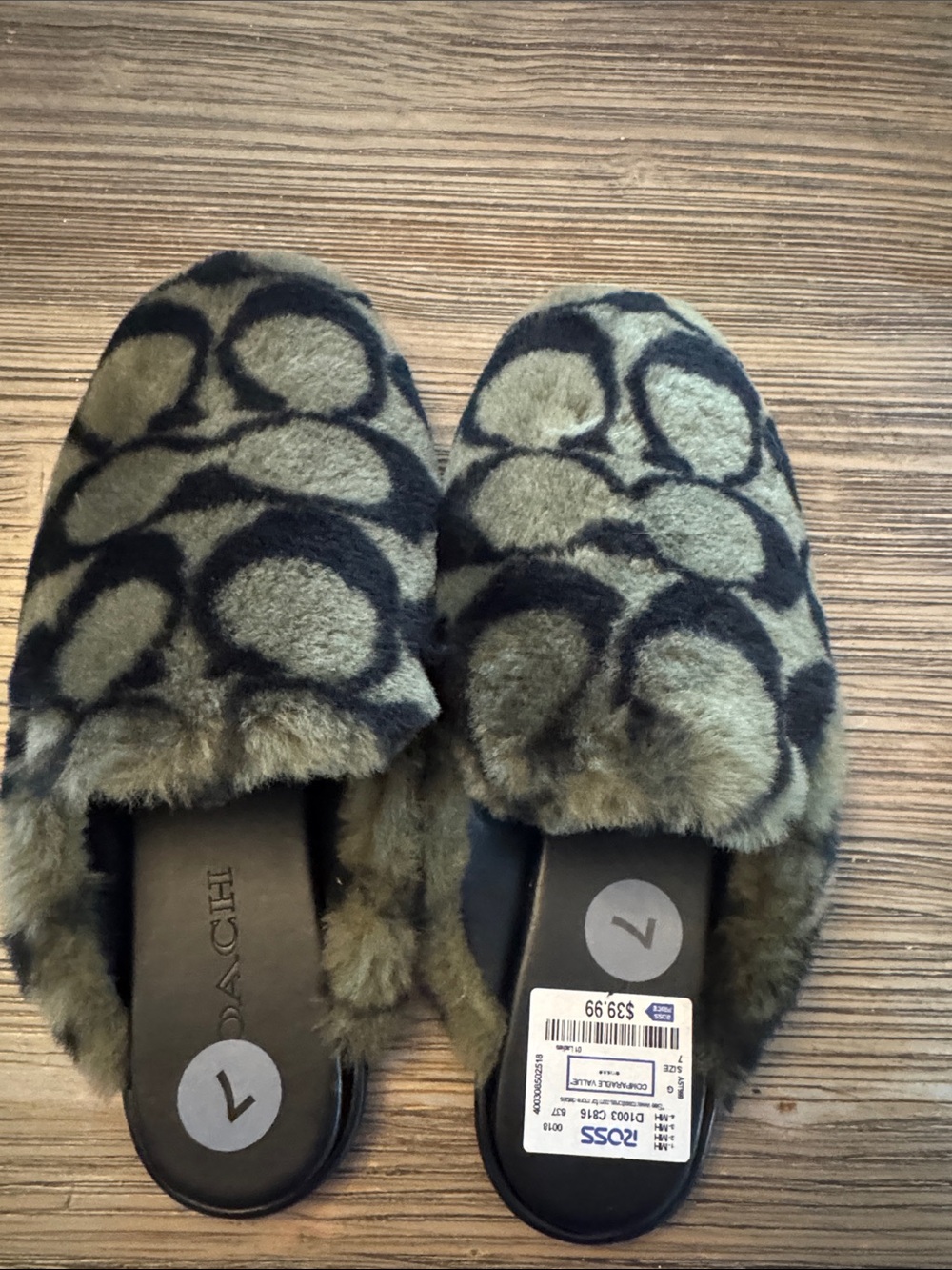 Coach Olive Green Faux Fur Logo Slip-On Slippers